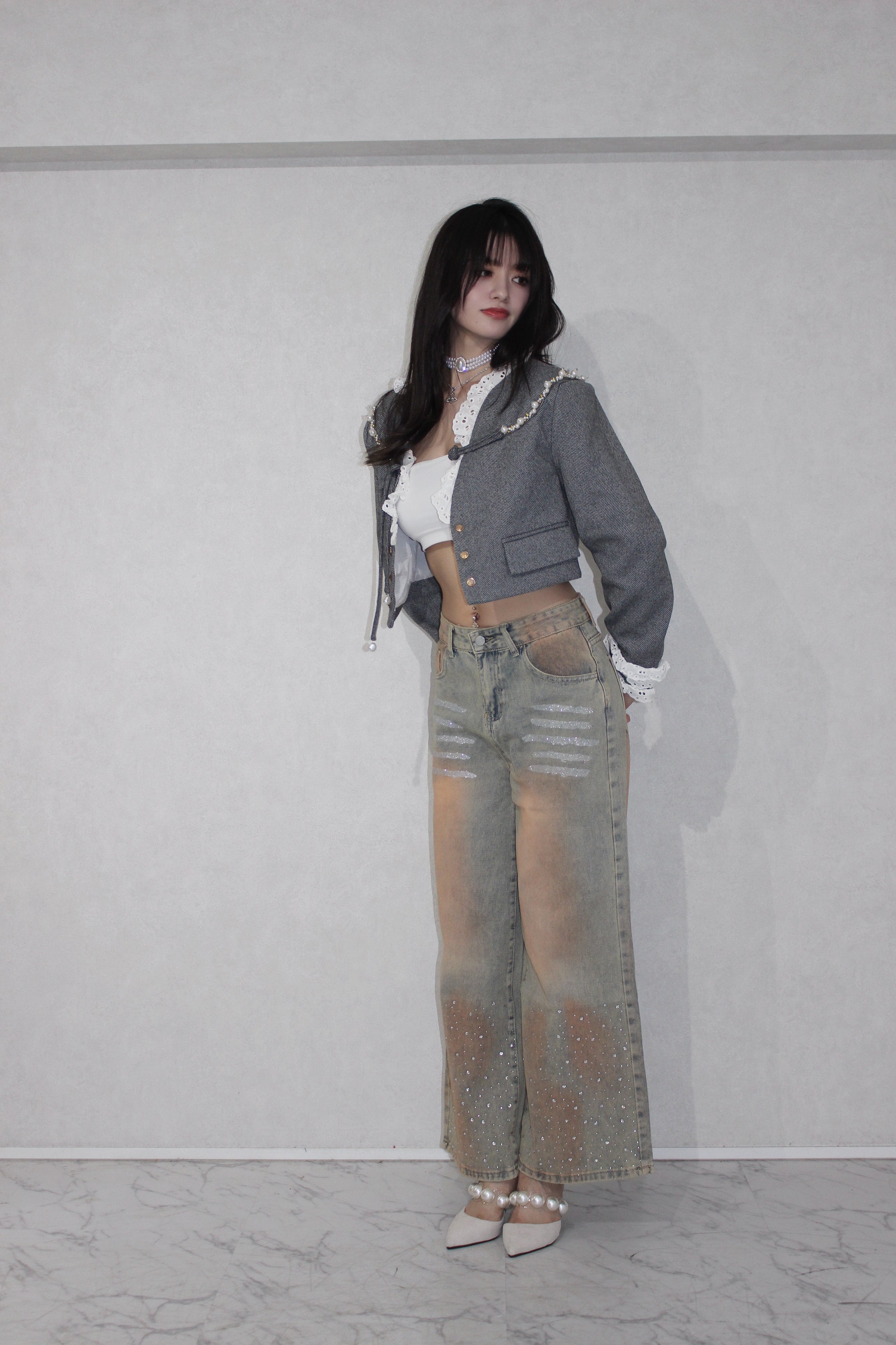 shine washed denim.