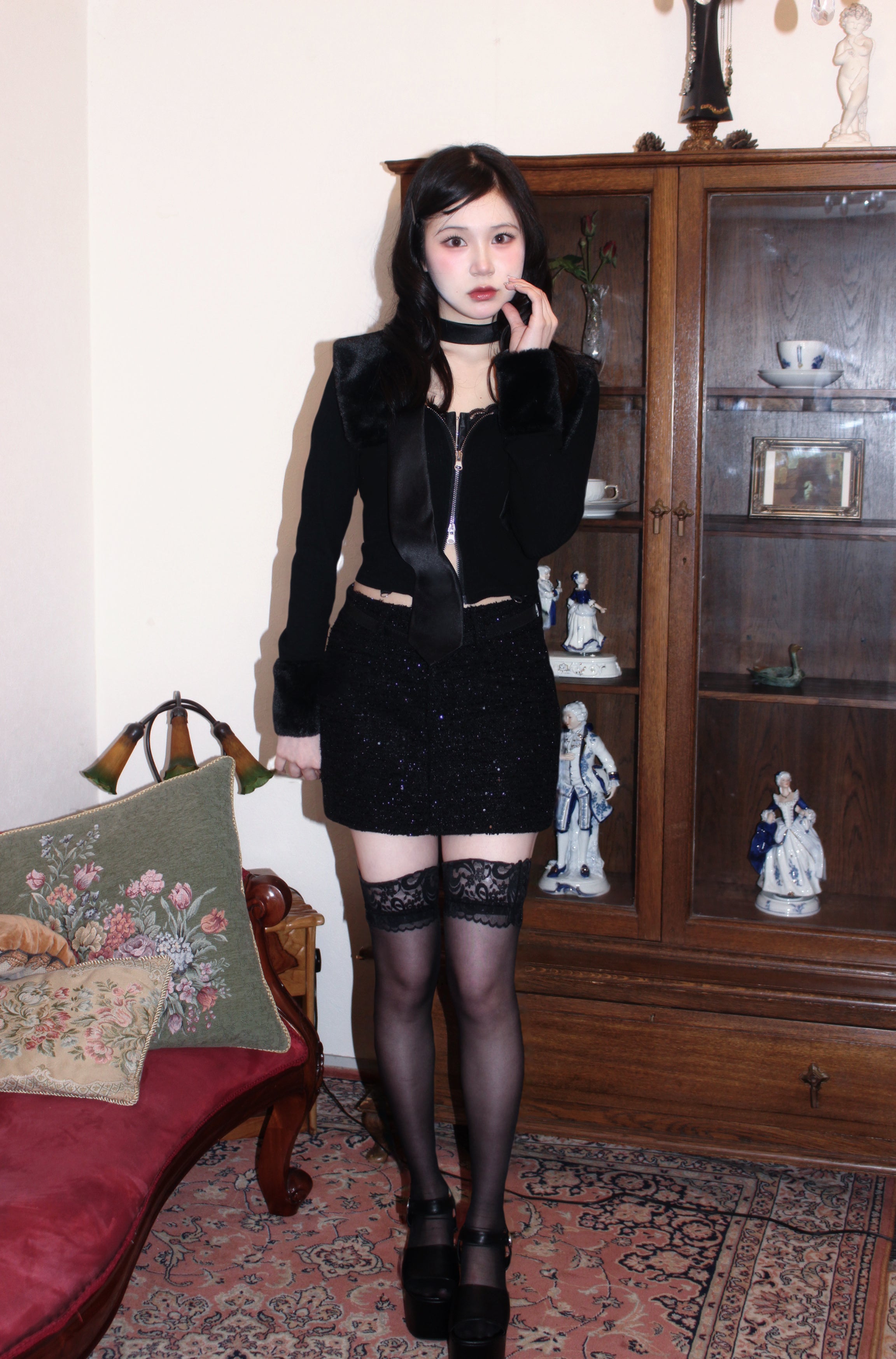 rib knit far double zip tops.