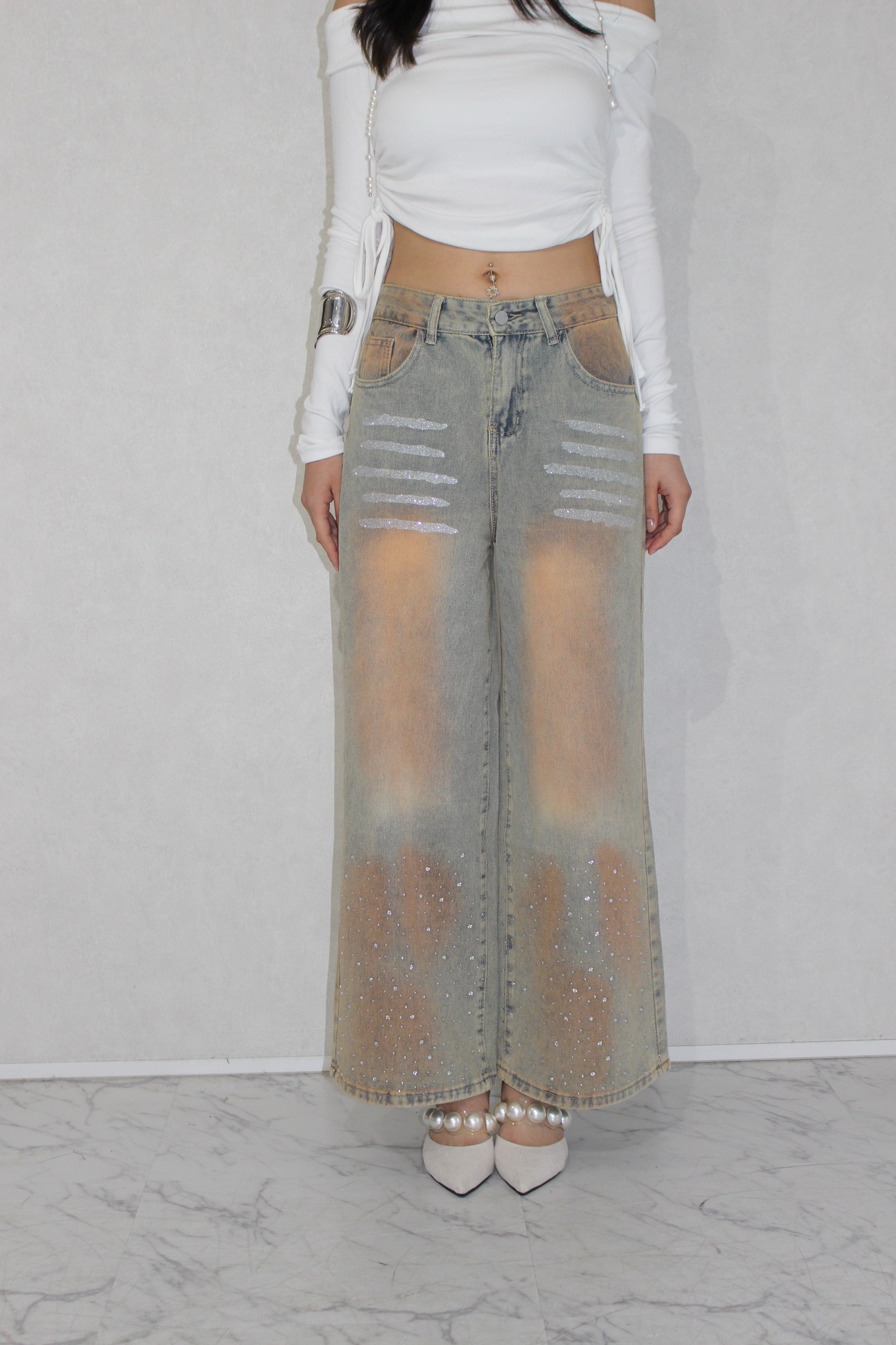 shine washed denim.