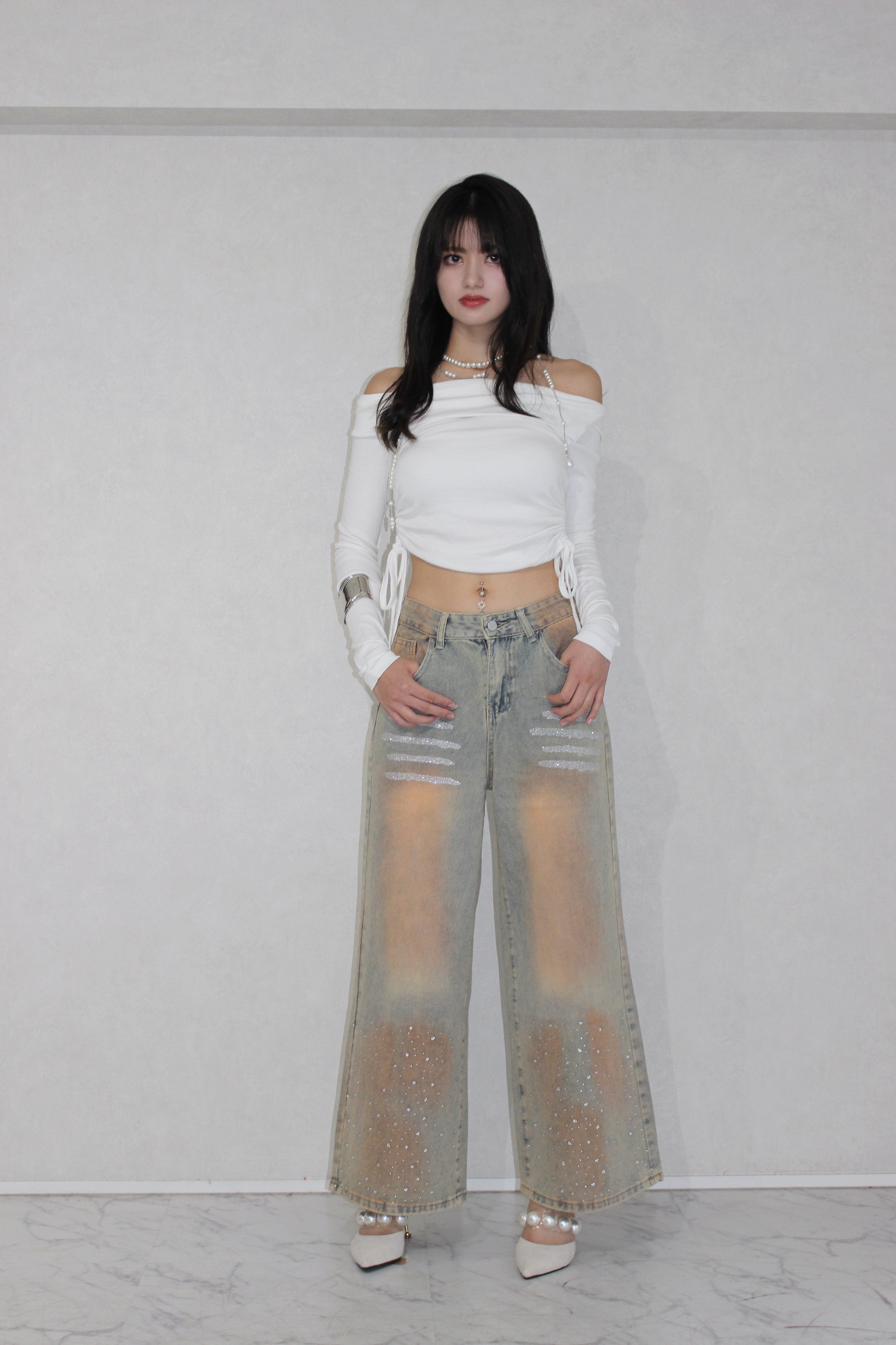 shine washed denim.