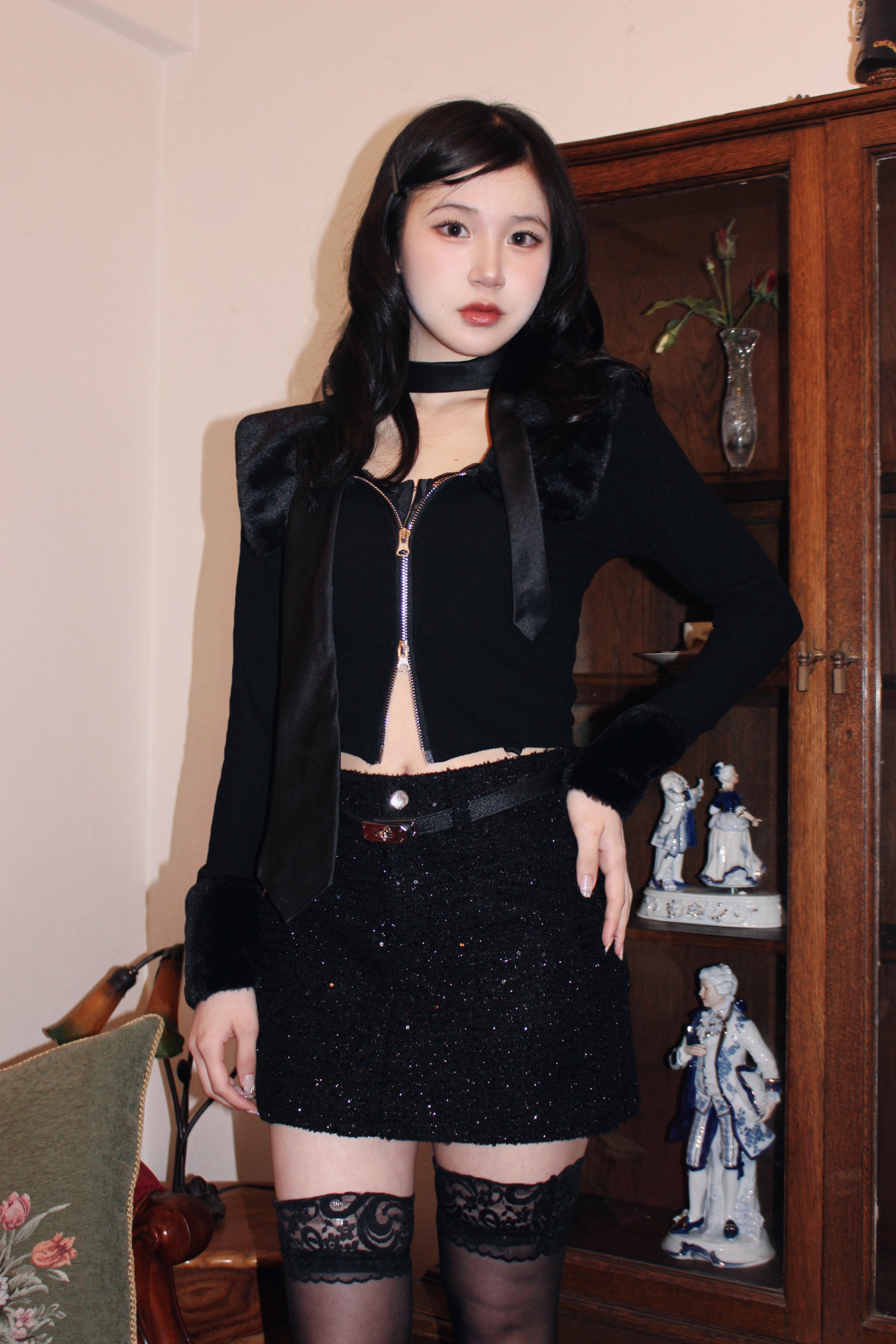 rib knit far double zip tops.