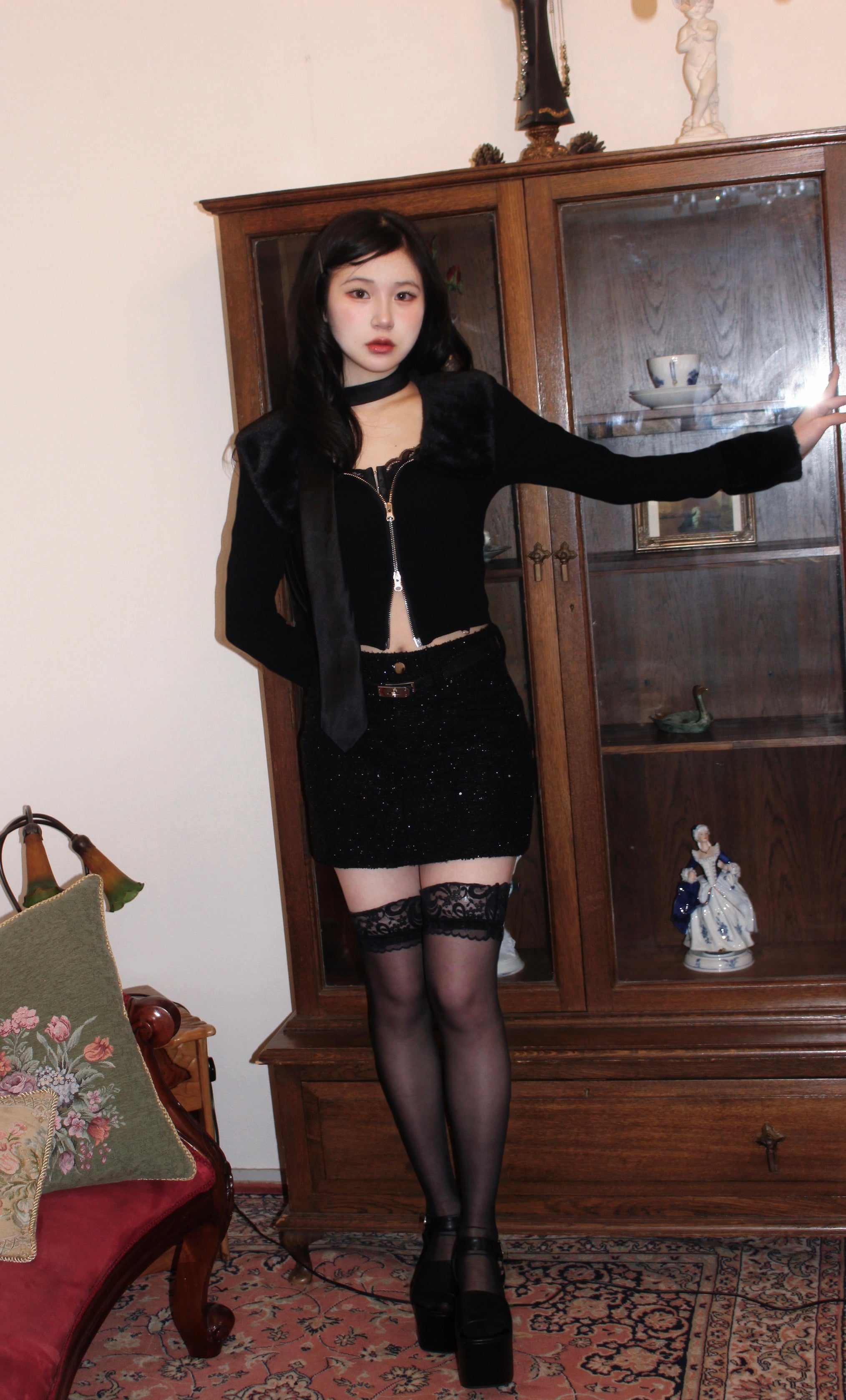 rib knit far double zip tops.