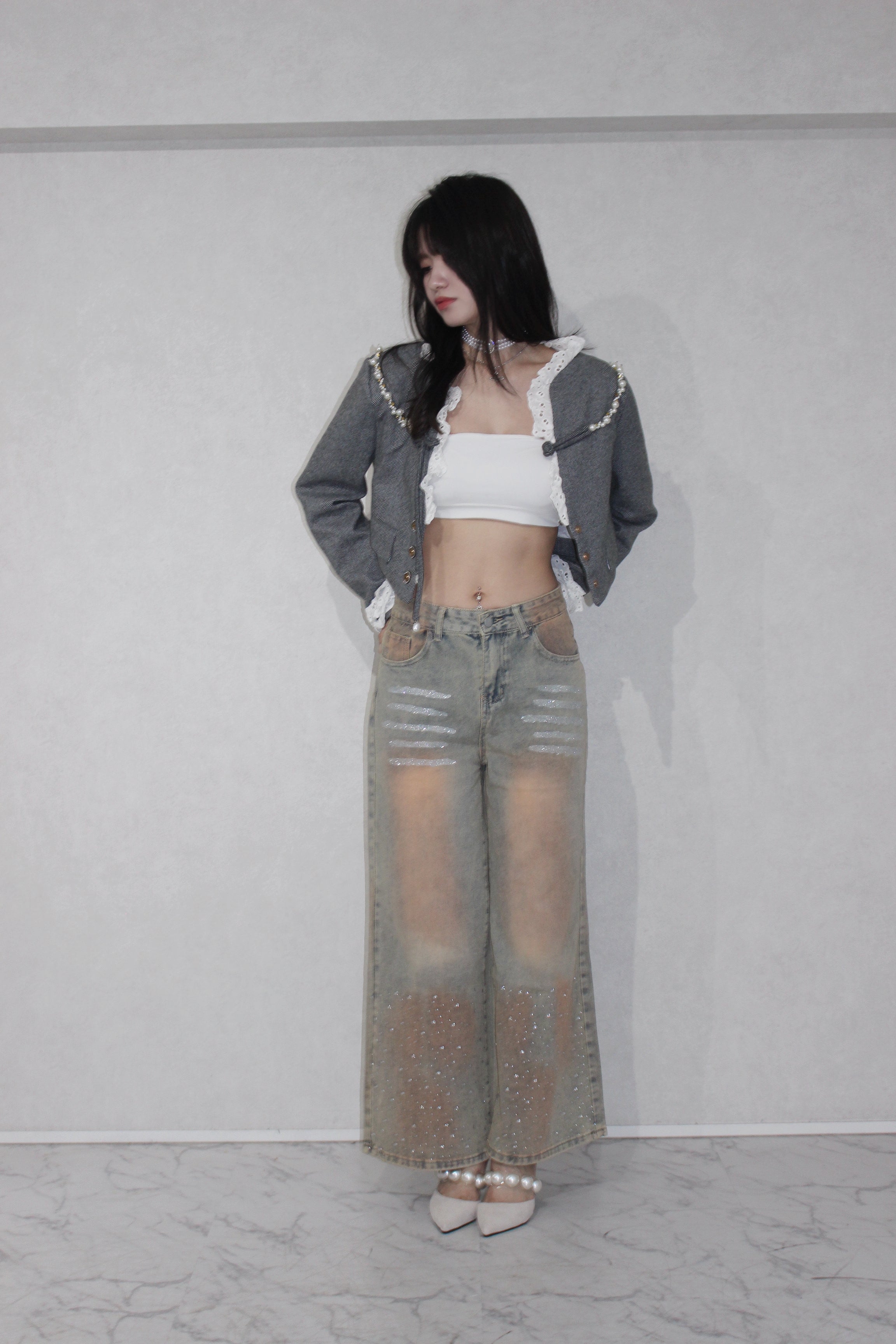 shine washed denim.