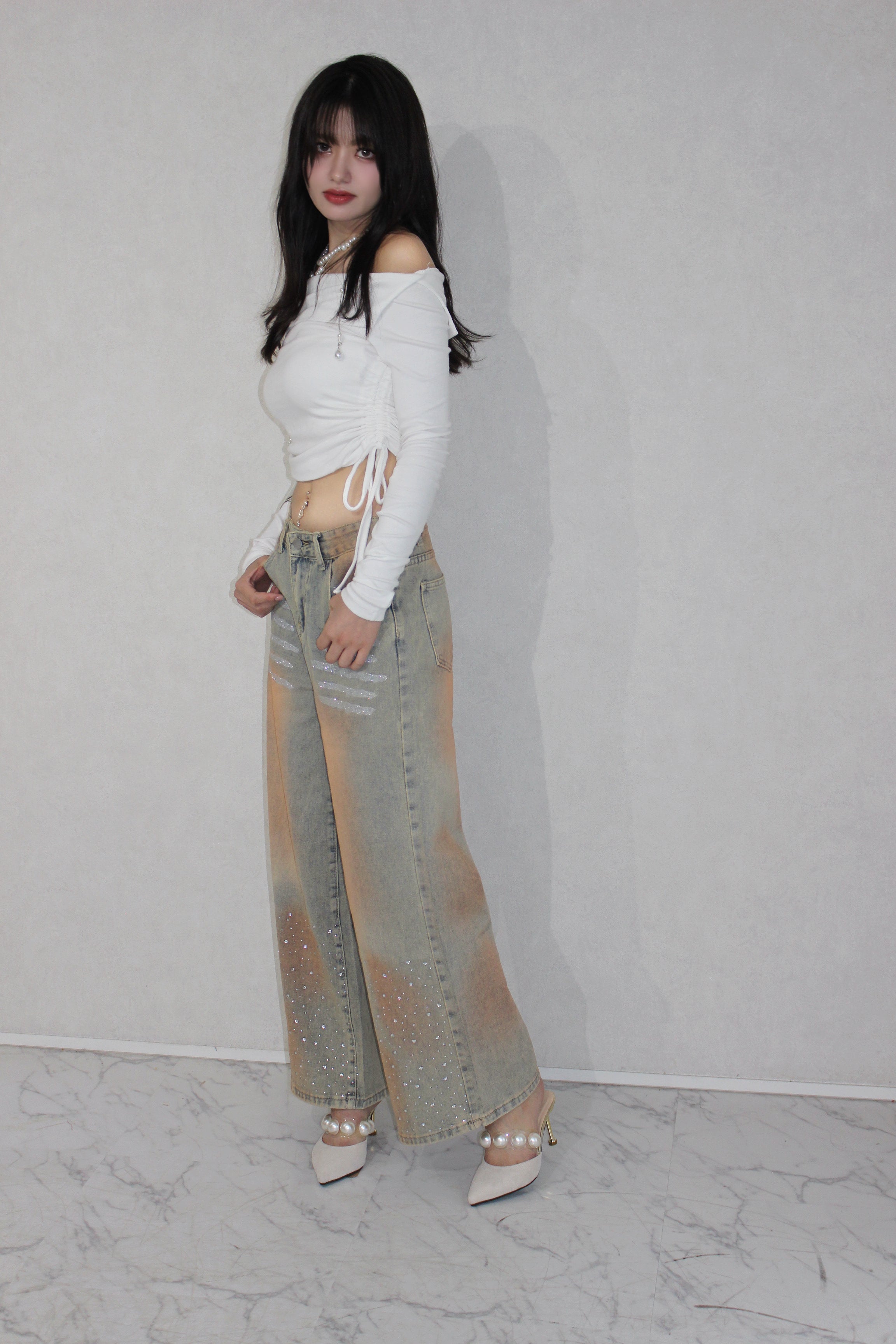 shine washed denim.