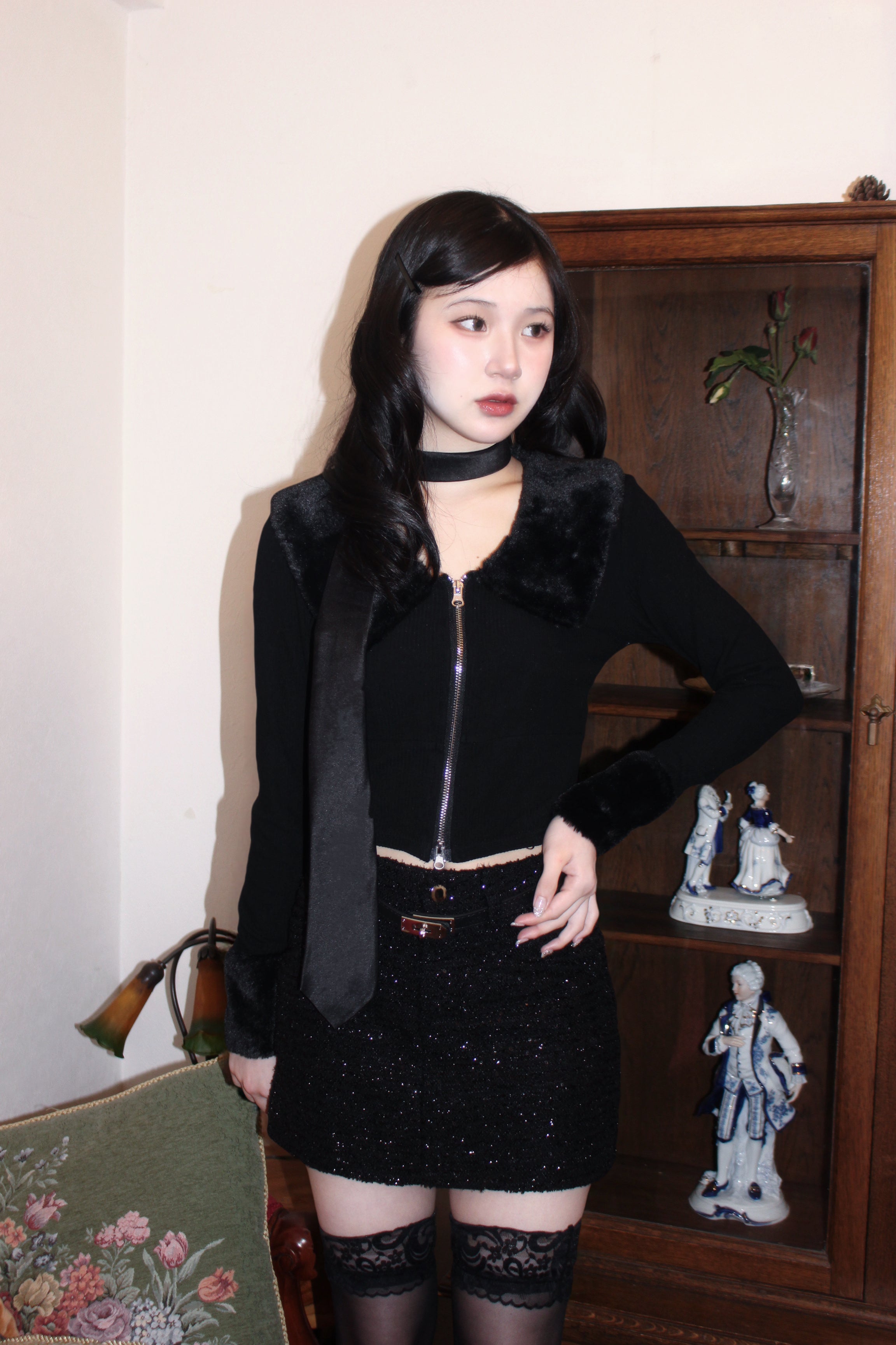 rib knit far double zip tops.