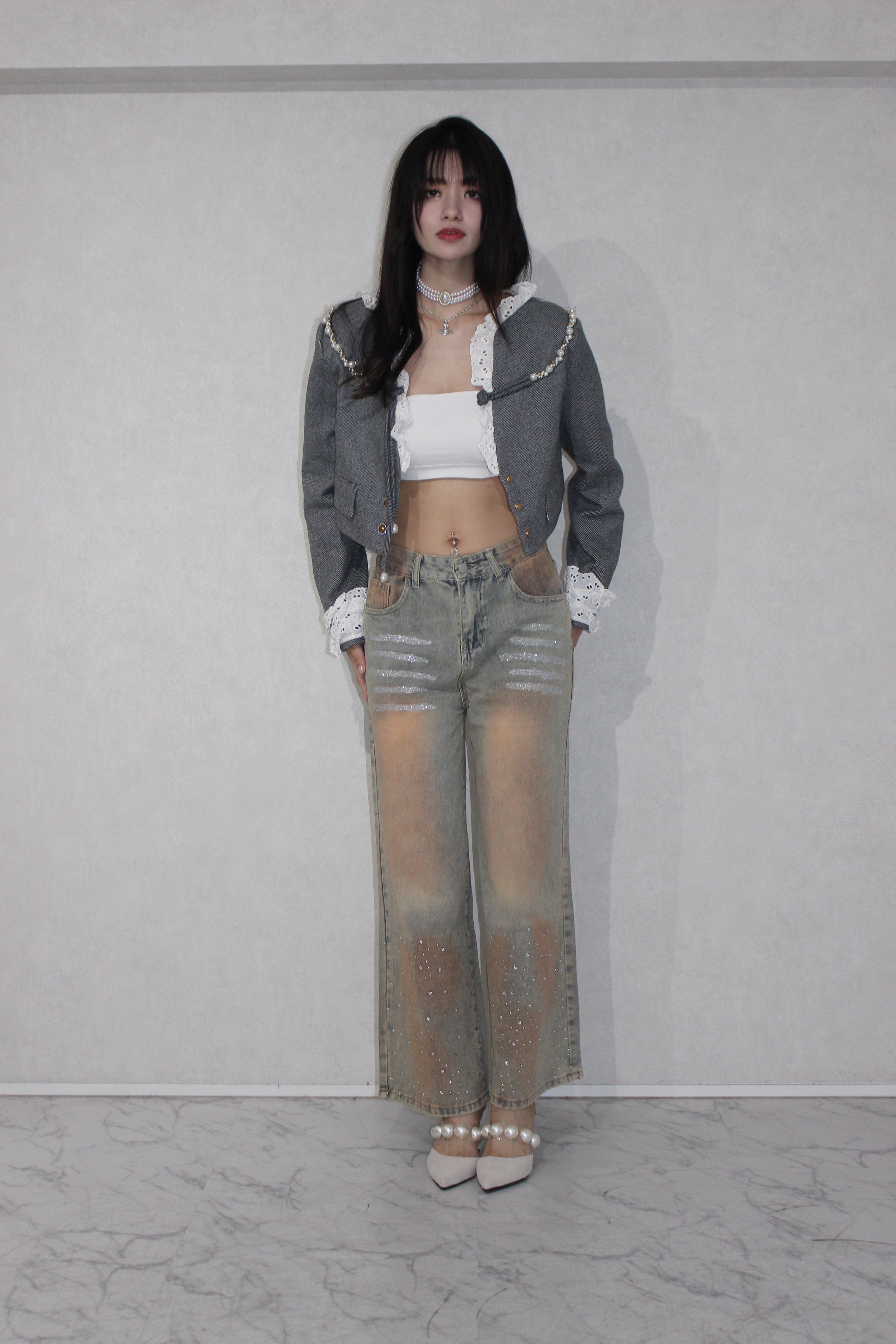 shine washed denim.