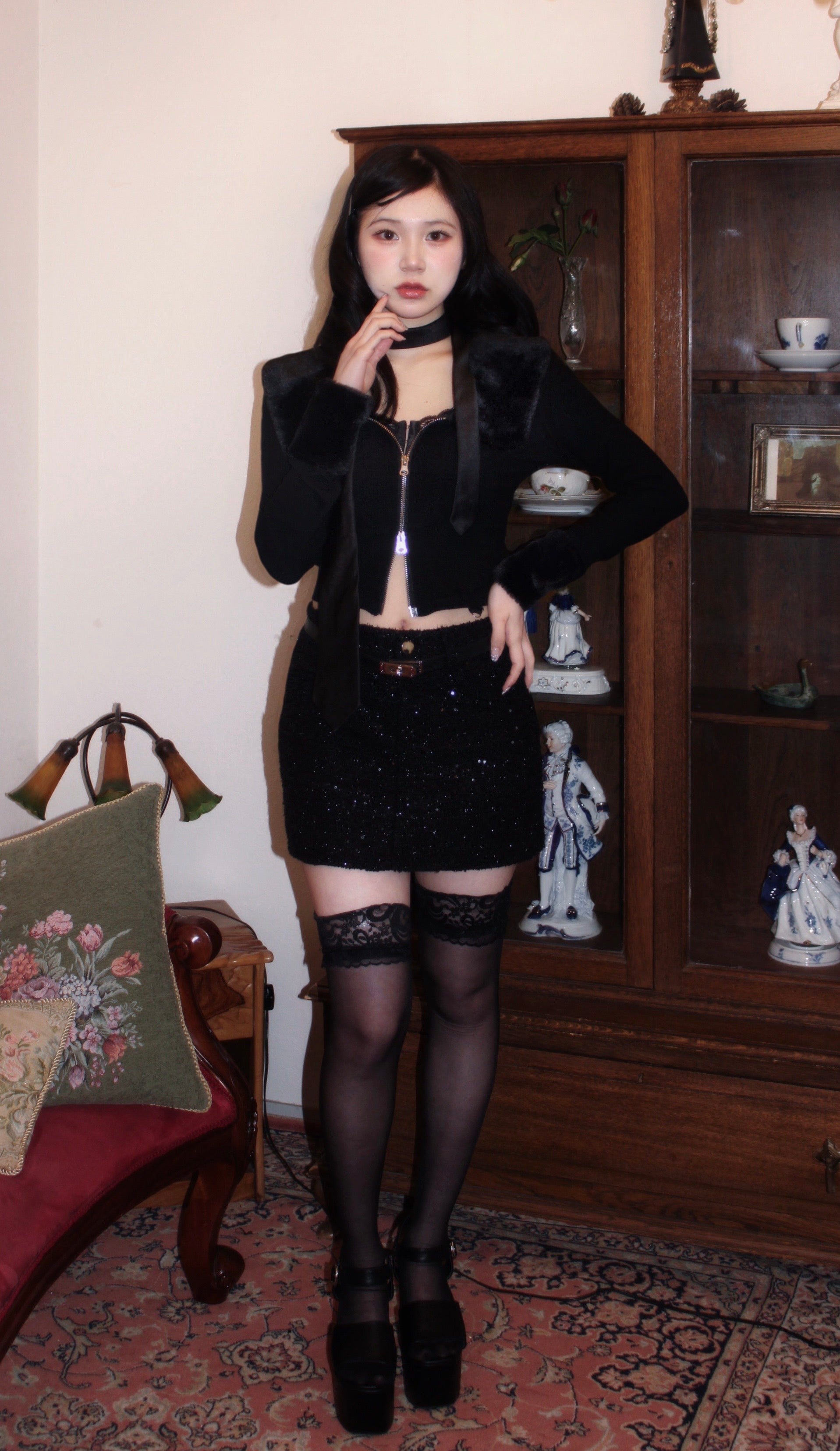 rib knit far double zip tops.