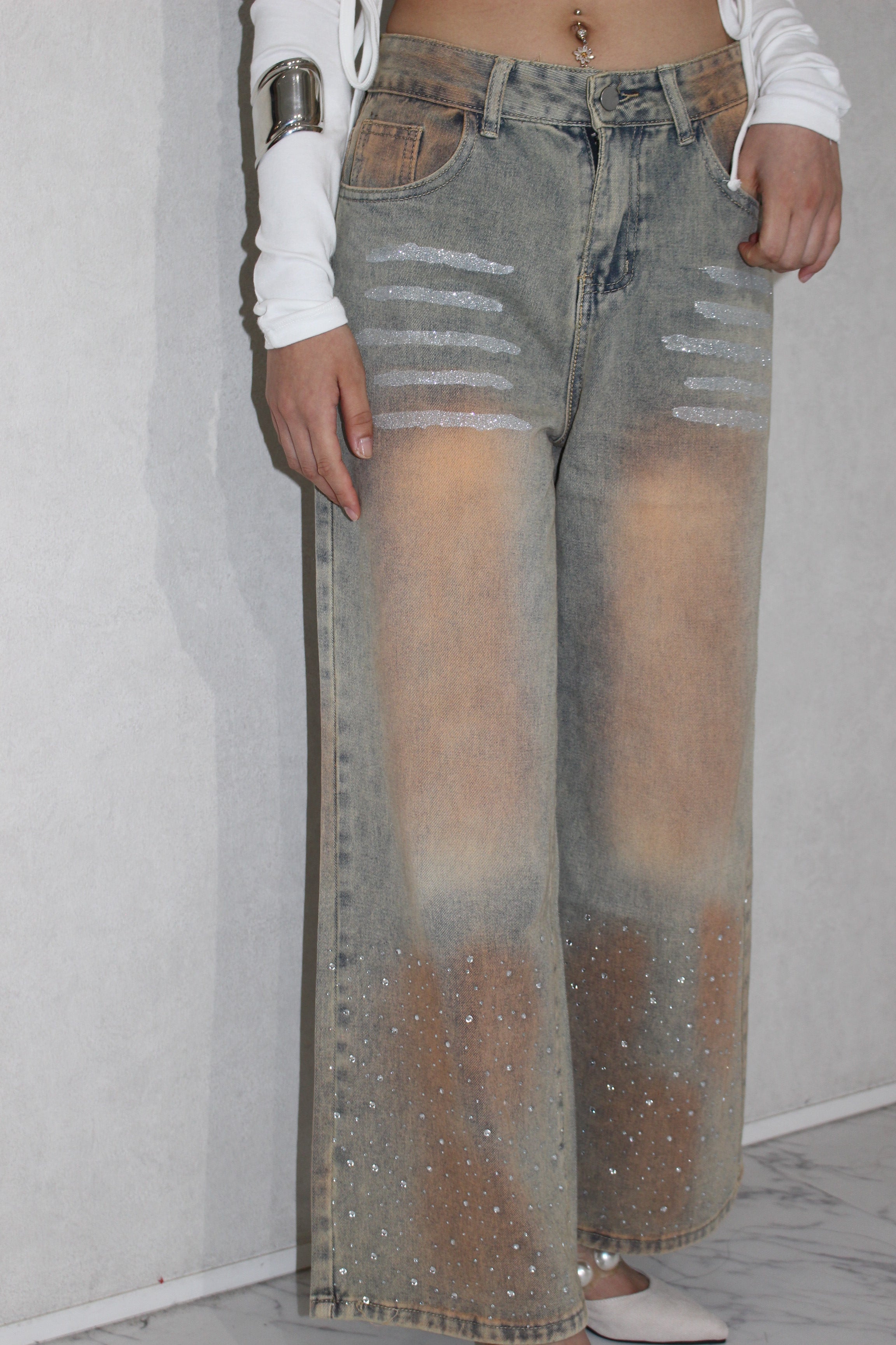 shine washed denim.