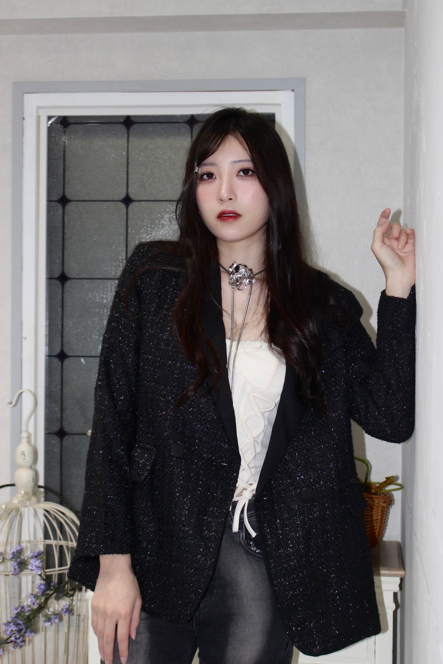 black tweed jacket.