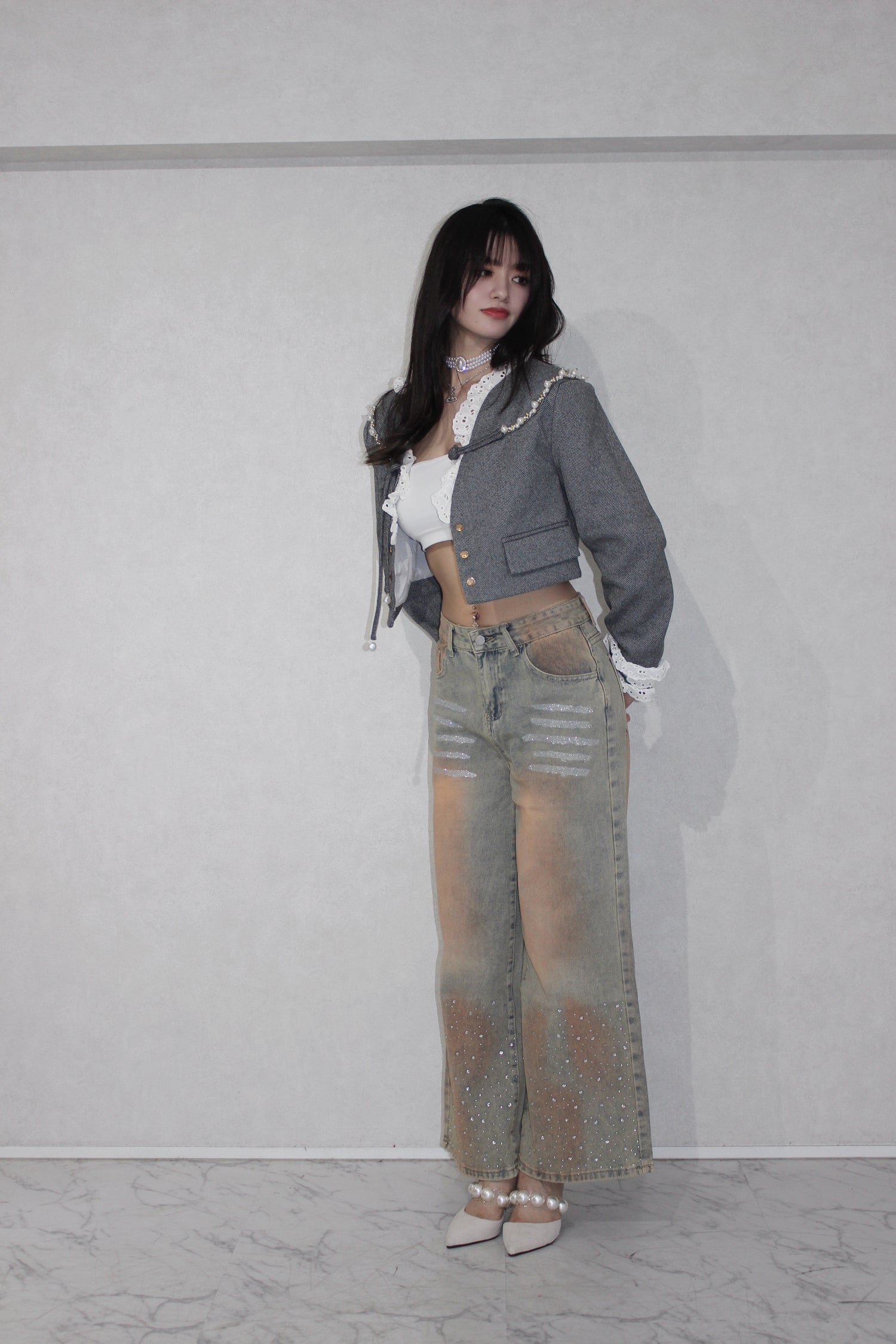 shine washed denim.