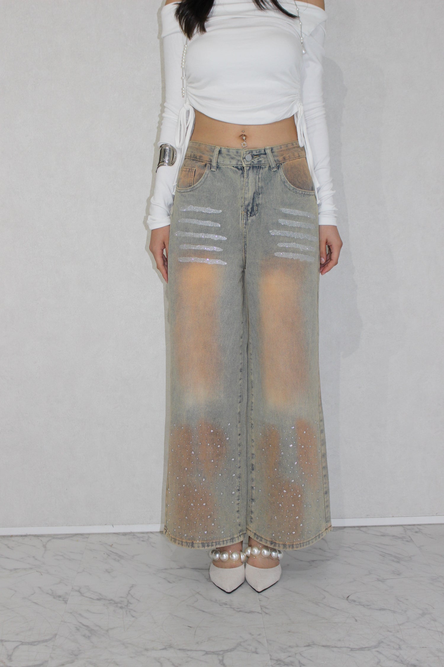 shine washed denim.