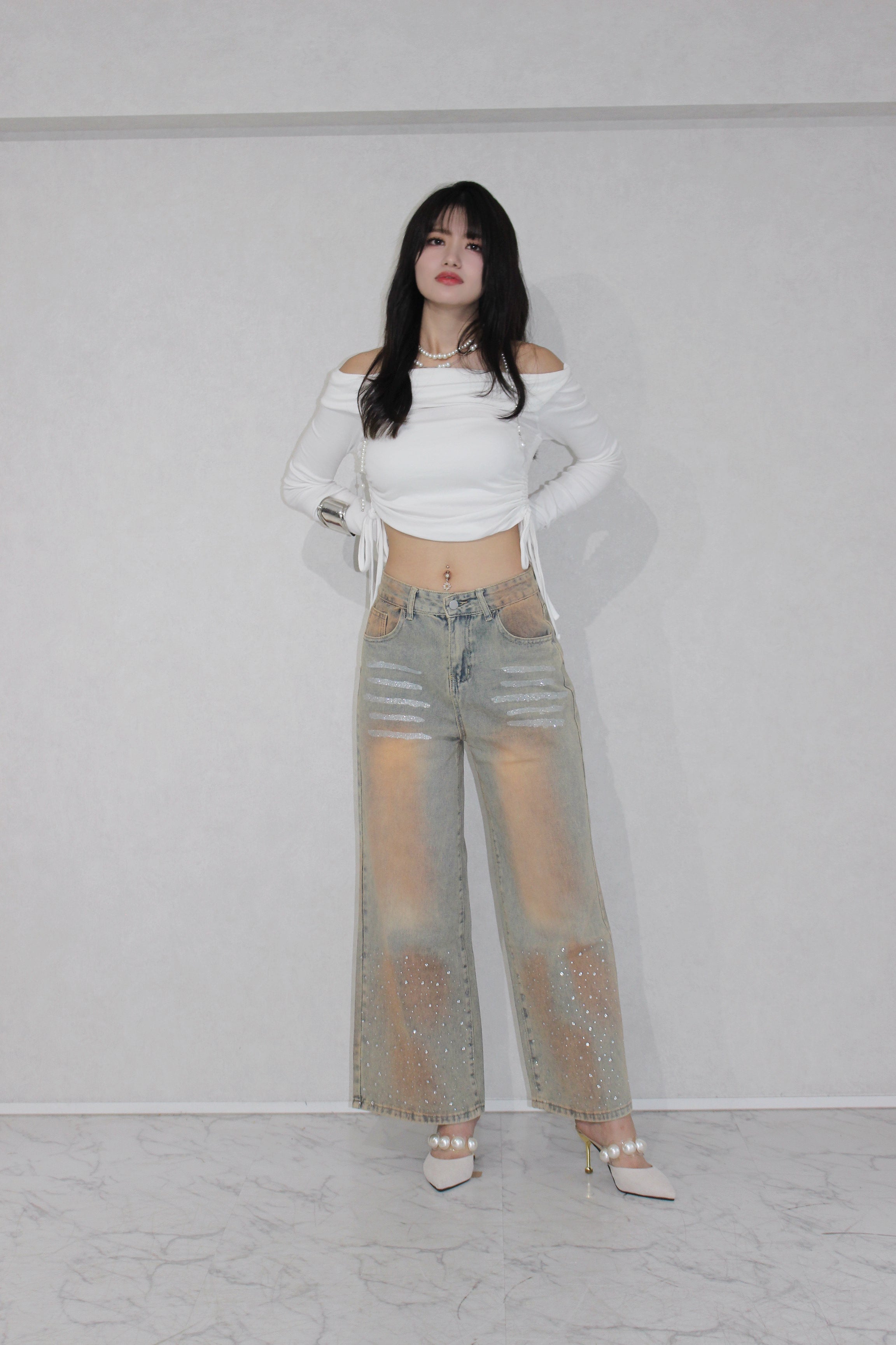 shine washed denim.