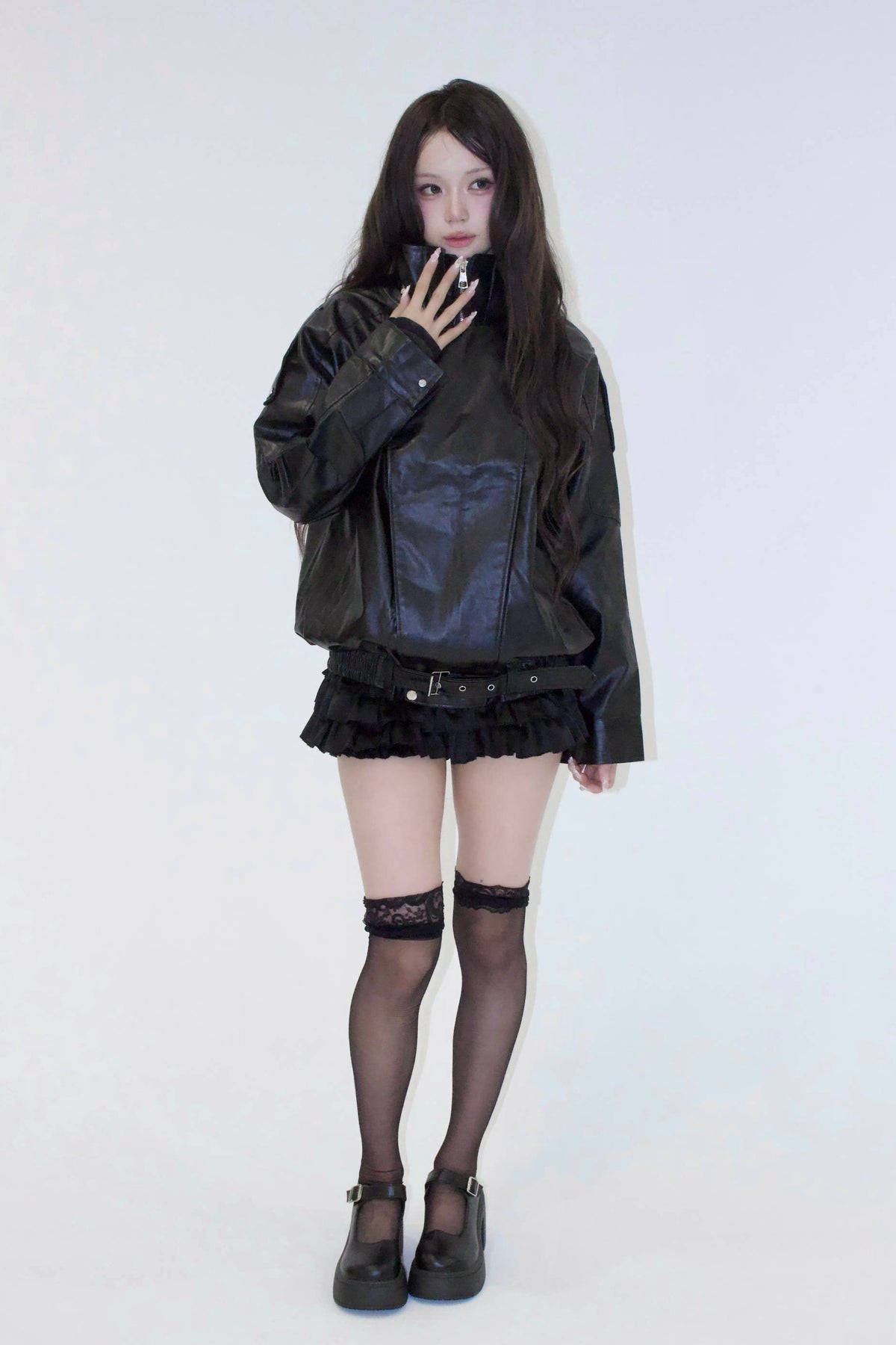 neck leather jacket.