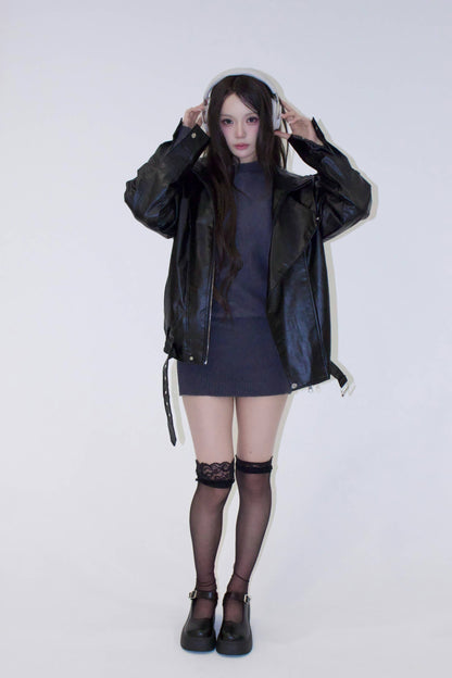 neck leather jacket.