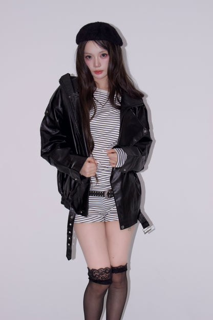 neck leather jacket.