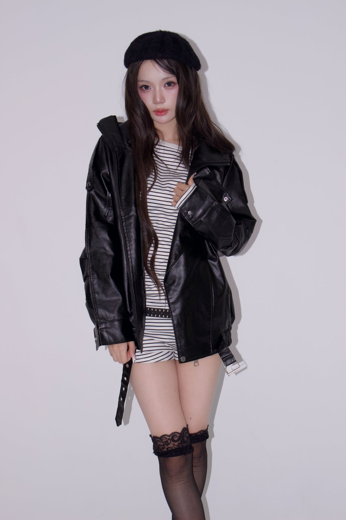 neck leather jacket.