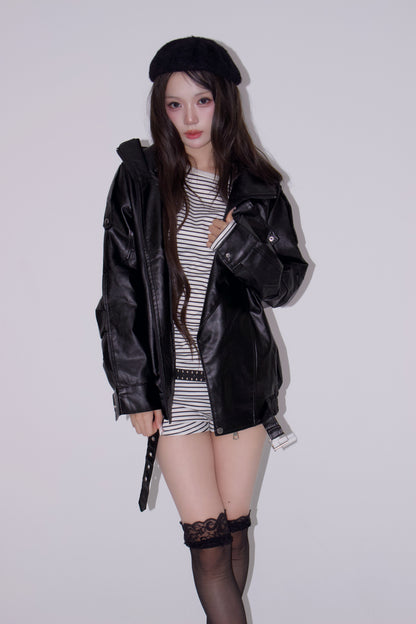 neck leather jacket.